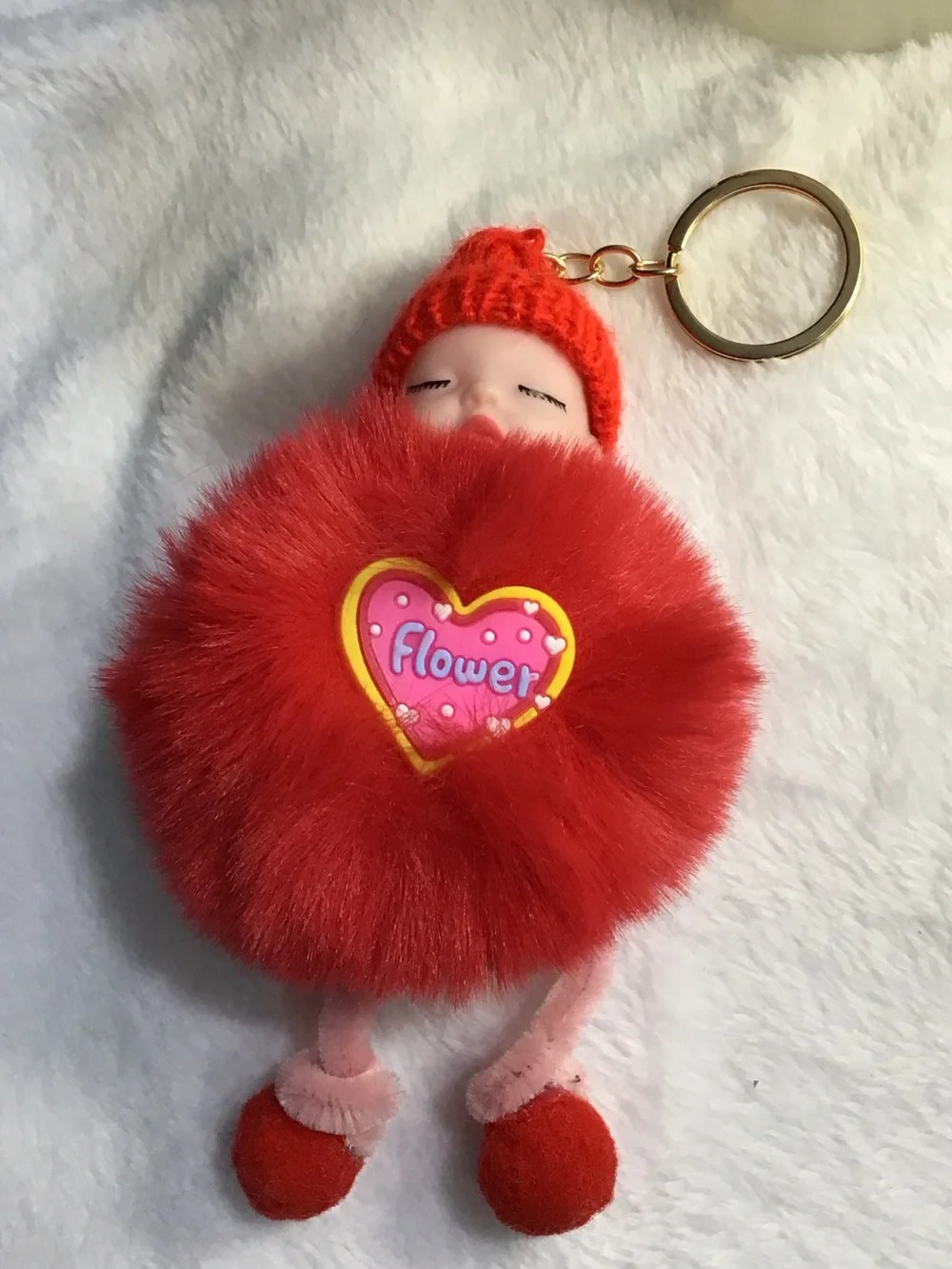 Red Pom-Pom Doll Key & Card Holder with Heart 'Flower' Detail